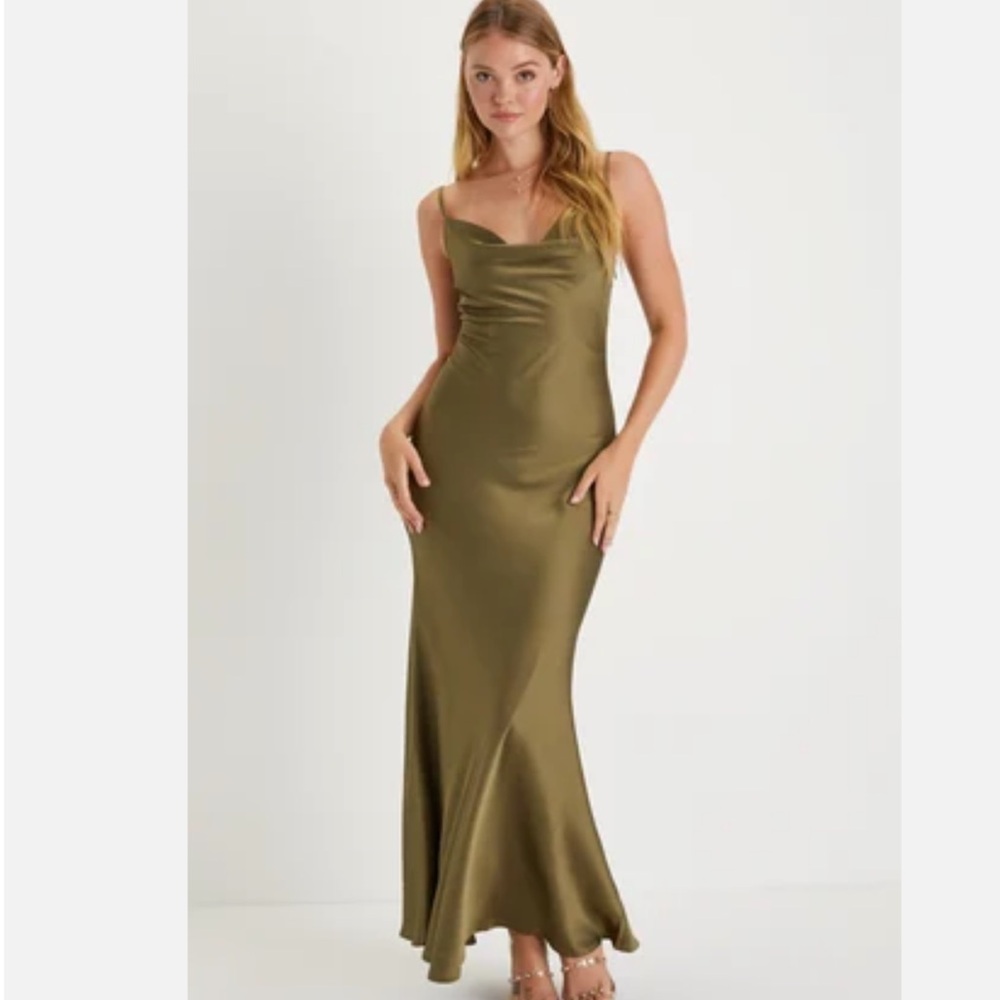 Lulu’s Olive Green Satin Cowl Slip Maxi Dress